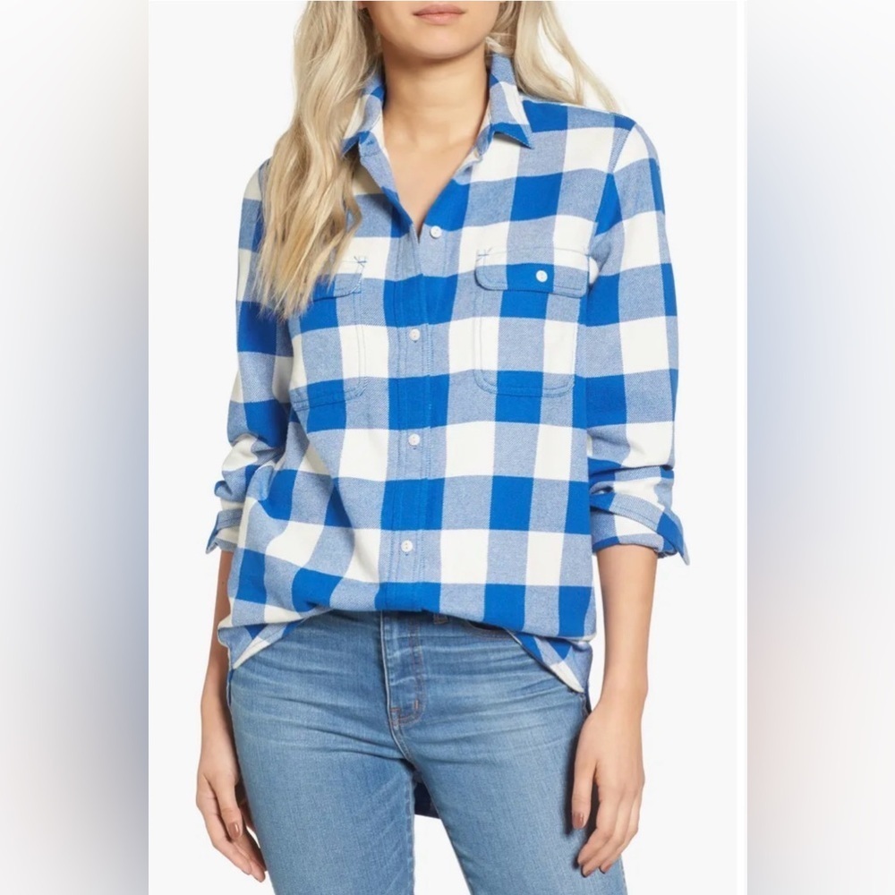 Madewell Classic Exboyfriend Buffalo Plaid Blue and White Flannel Shirt Small